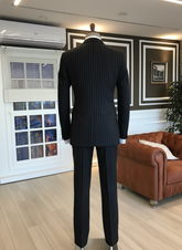 Italian Midnight Black Strip Double-Breasted Suit