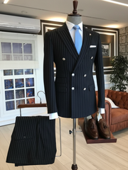 Italian Midnight Black Strip Double-Breasted Suit