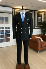 Italian Midnight Black Strip Double-Breasted Suit