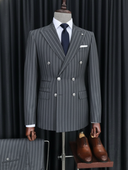 Italian Dark Grey Strip Double-Breasted Suit
