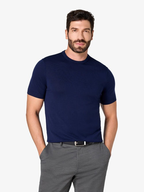Men’s Navy Blue Merino Wool Crew Neck T-Shirt | Maison Sartoria